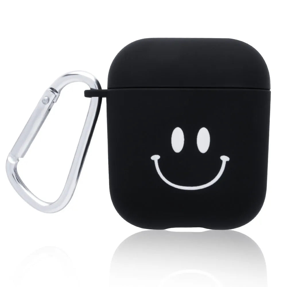 PC material AirPods earphone cover in black and pink with decorative flower and smiley face styles