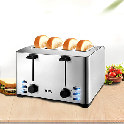 Silver grey 4-slice toaster with stainless steel body and baking rack on kitchen counter