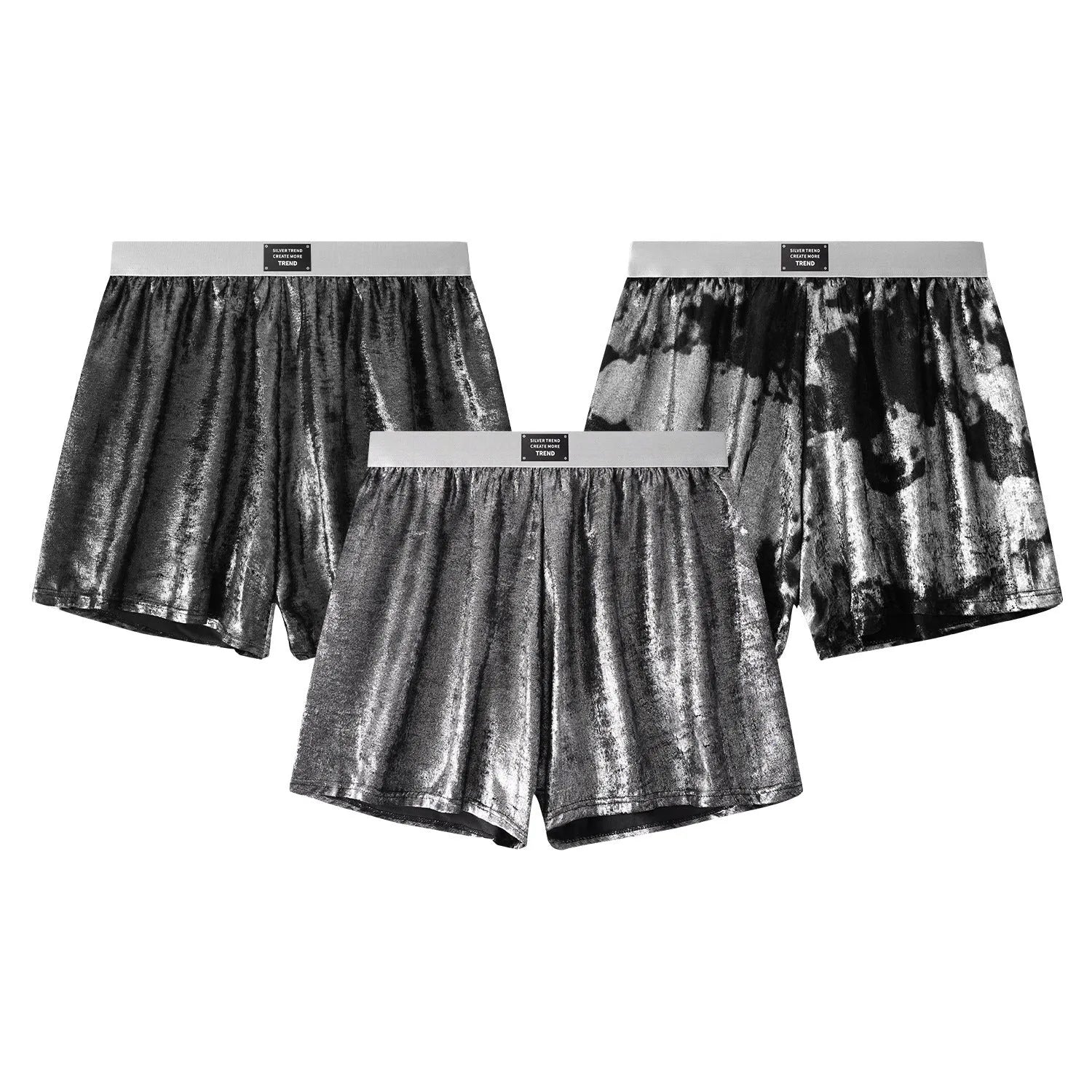 Men's reflective bright silver casual woven underwear with a loose fit and mid-waist.