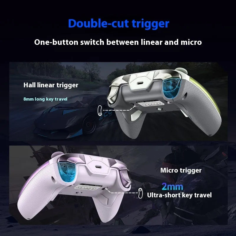 Rocker Smart gaming controller in black on its charging dock, showing textured double-cut triggers and Type-C port