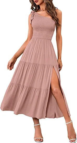 Stunning one-shoulder dress with pleated, asymmetrical hemline and side slits