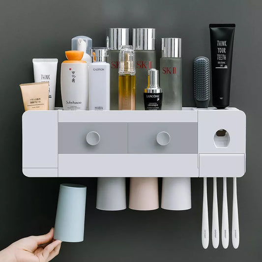 Wall-mounted magnetic toothbrush rack with automatic toothpaste dispenser in white plastic