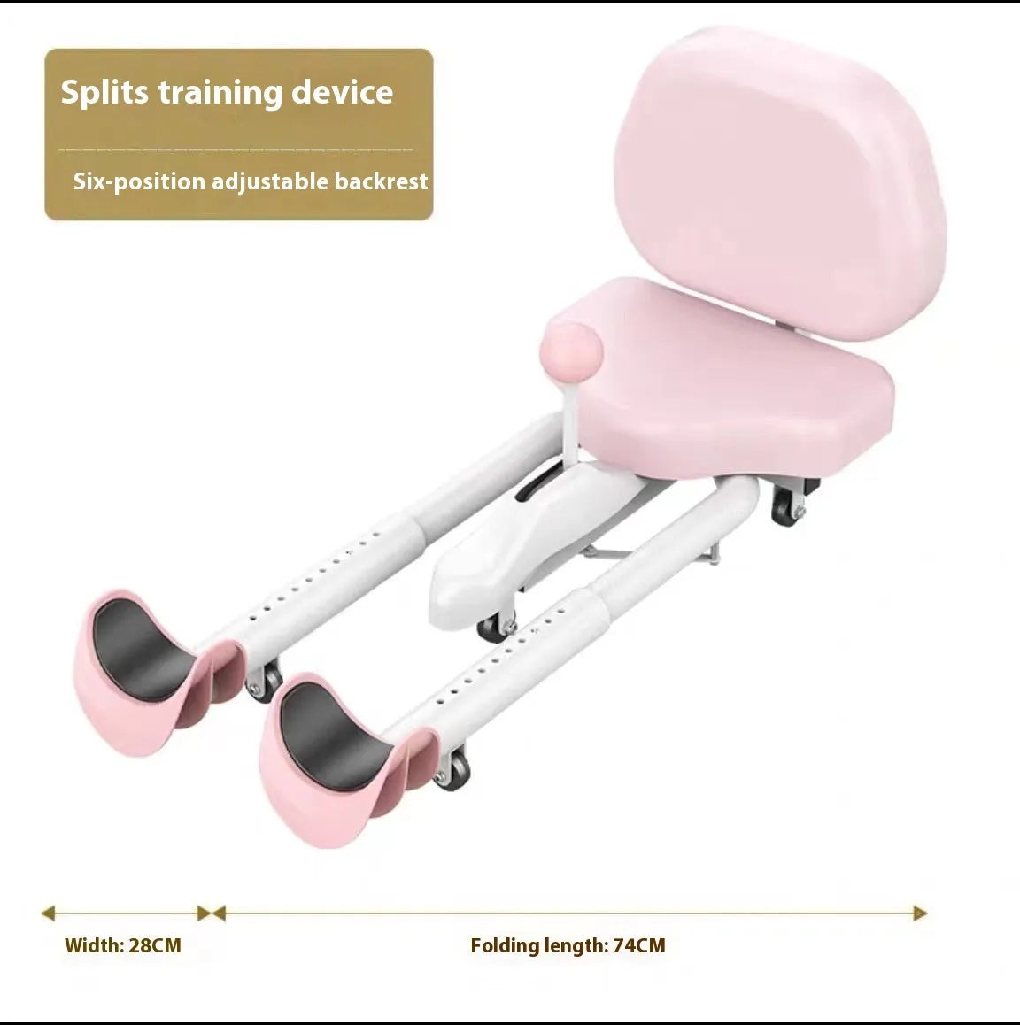 Steel-framed leg stretching equipment with foam padding in pink or blue, optional backrest version available