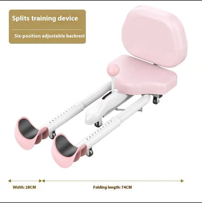 Steel-framed leg stretching equipment with foam padding in pink or blue, optional backrest version available
