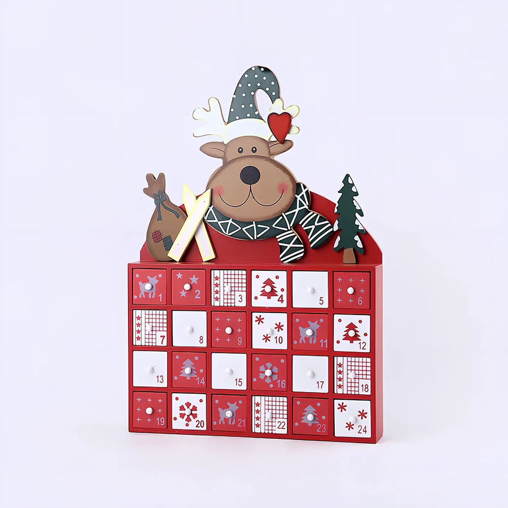 Handcrafted wooden Christmas window decorations showing nine designs including bears, houses, trees and vehicles