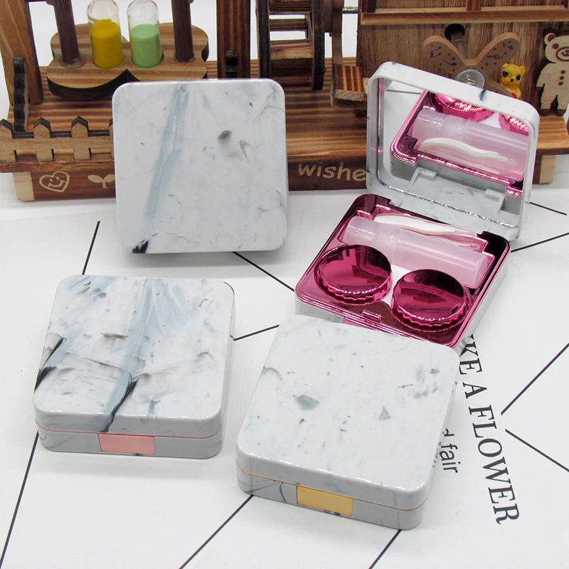 Square contact lenses case with marble surface and mirror, includes lens care accessories