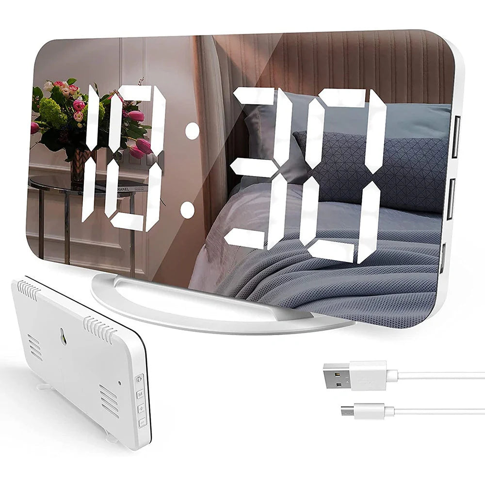 Digital Mirror Clock with LED display and dual USB ports in white and black options