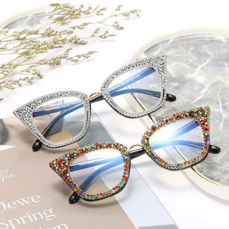 A97093 Cat Eye Anti Blue Light Glasses for Women in Bright Black White Diamond and Colorful Crystals