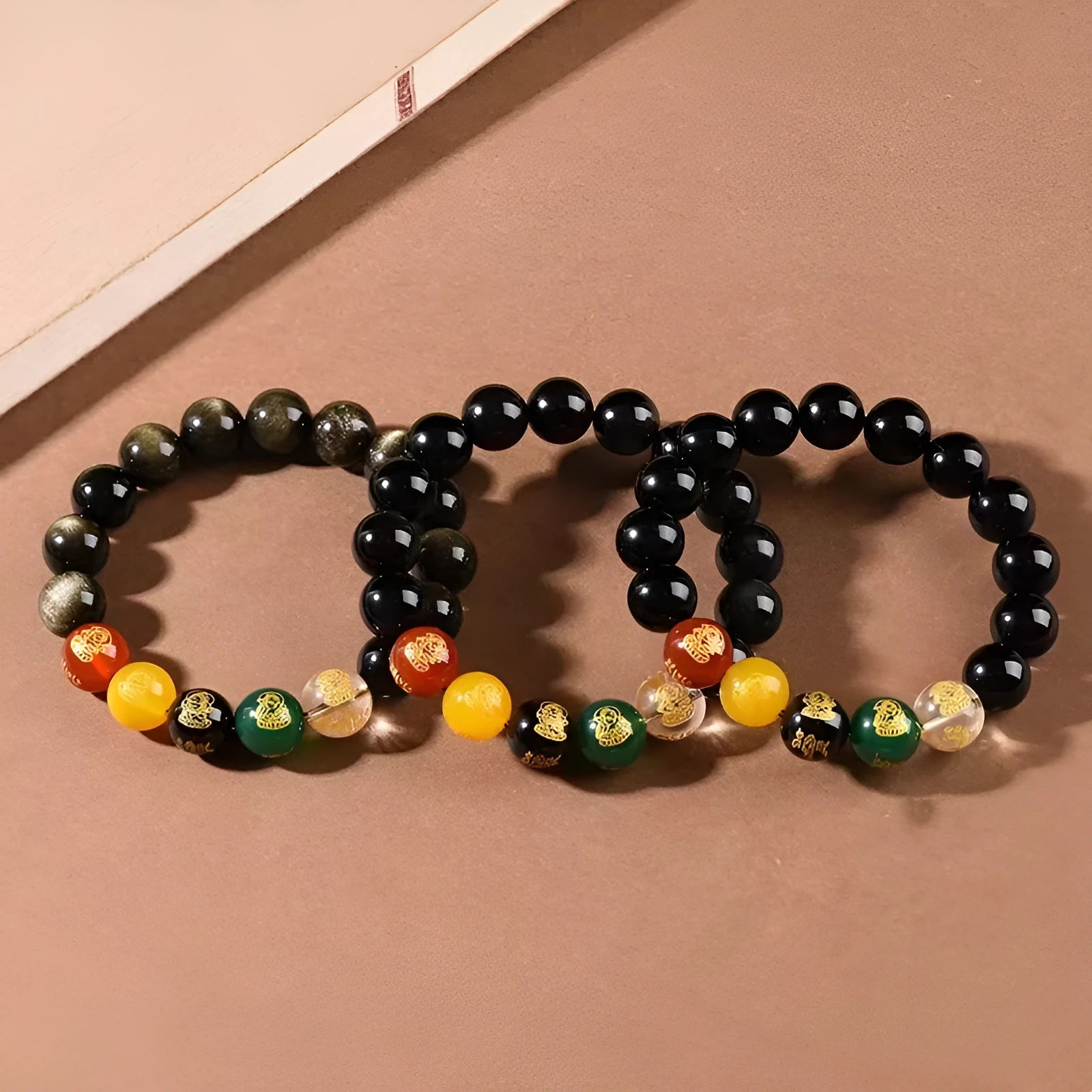 Single Circle Five Gods Of Wealth men's rainbow eye obsidian crystal bracelet in New Chinese style