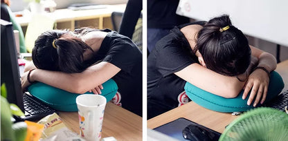 Compact inflatable travel pillow in peacock blue, bright orange, or green for camping and outdoor use