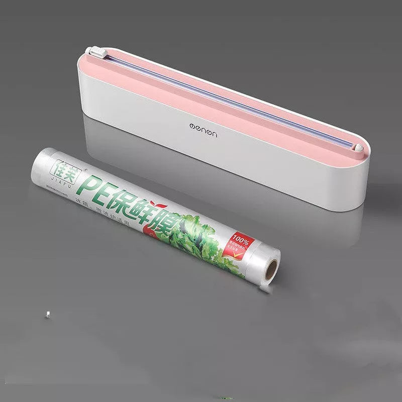 Black and gray plastic wrap dispenser with sharp cutter for kitchen