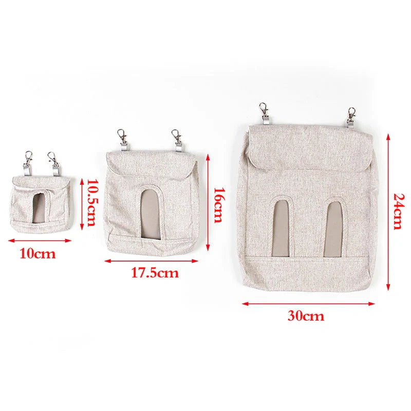 Versatile cloth feeding bags for small pets like rabbits, guinea pigs, hamsters, and chinchillas, available in grey and blue colors in small, medium, and large sizes