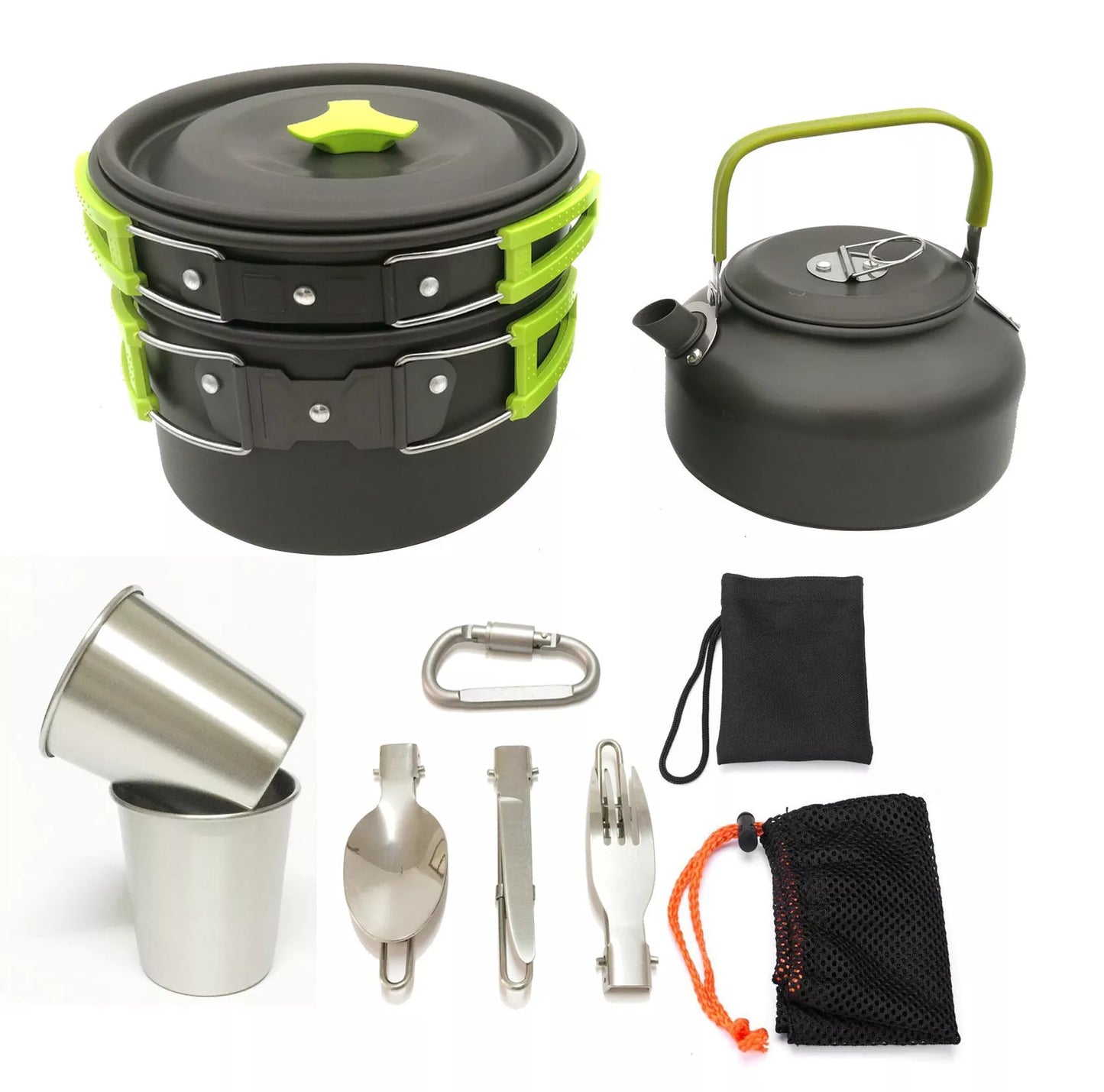 Outdoor Jacketed Kettle Camping Tableware Set in Orange, Black, or Green