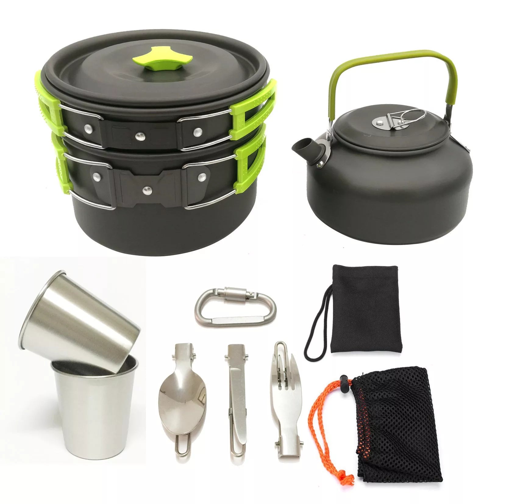 Outdoor Jacketed Kettle Camping Tableware Set in Orange, Black, or Green