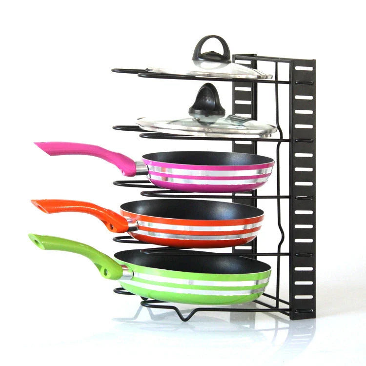 8-Tier Iron Pot Organizer Rack with Adjustable Shelves for Pots, Pans, and Lids in Black Finish