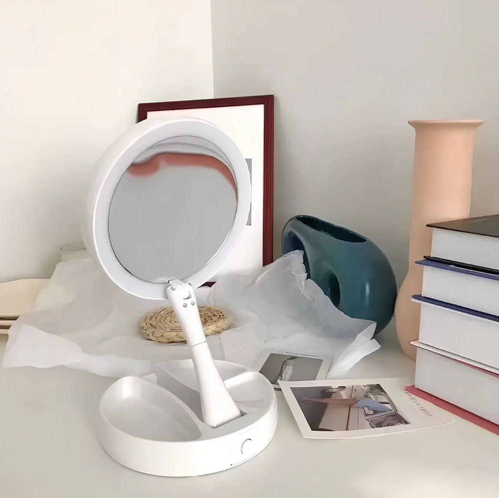 White acrylic double-sided LED vanity mirror showing magnification and normal sides with USB charging port