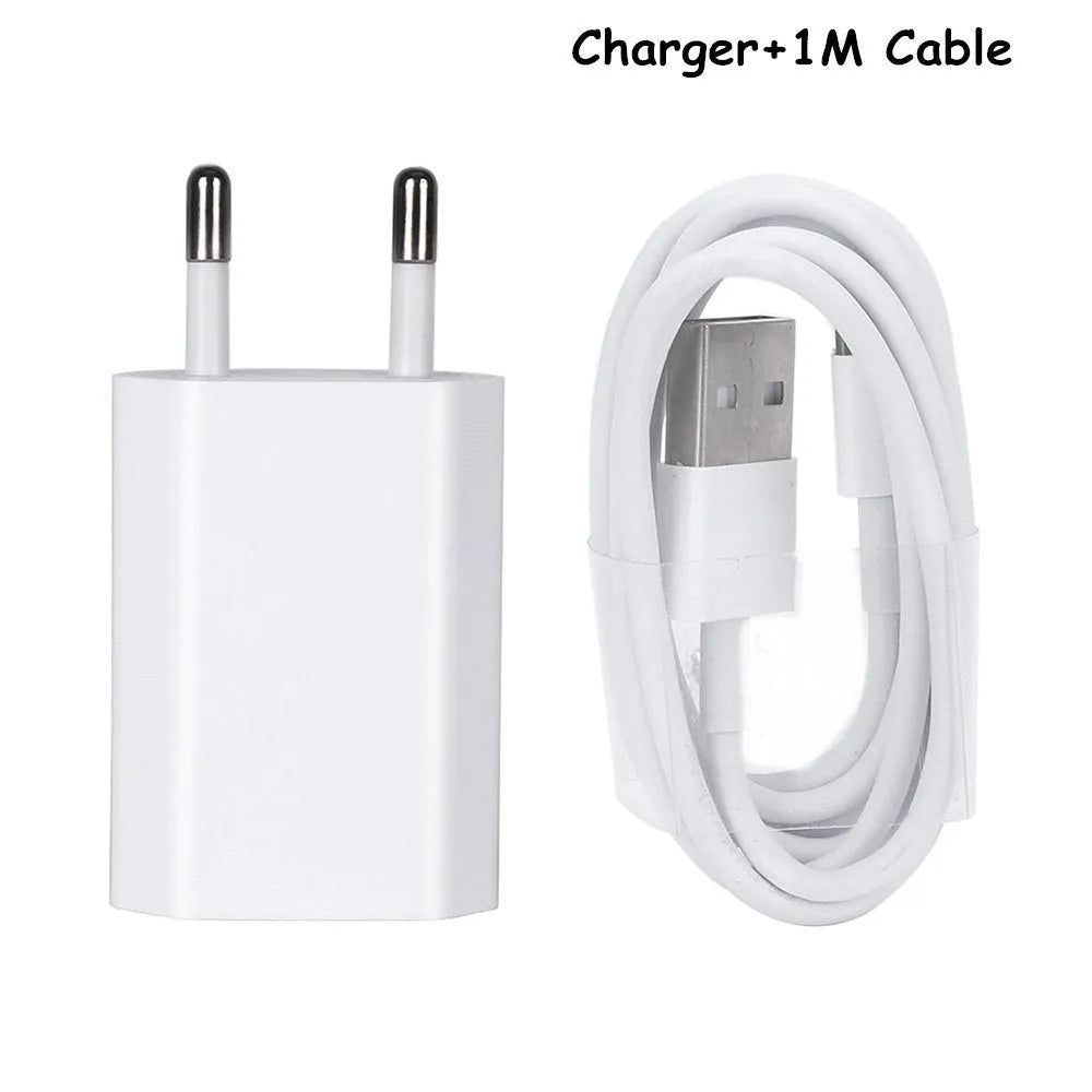 White USB wall charger with UK plug and a white Lightning cable for iPhone and iPad charging