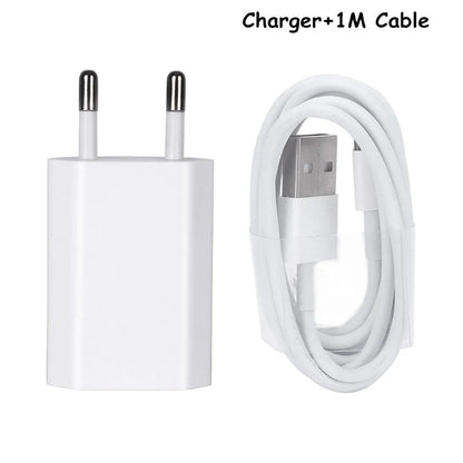 White USB wall charger with UK plug and a white Lightning cable for iPhone and iPad charging