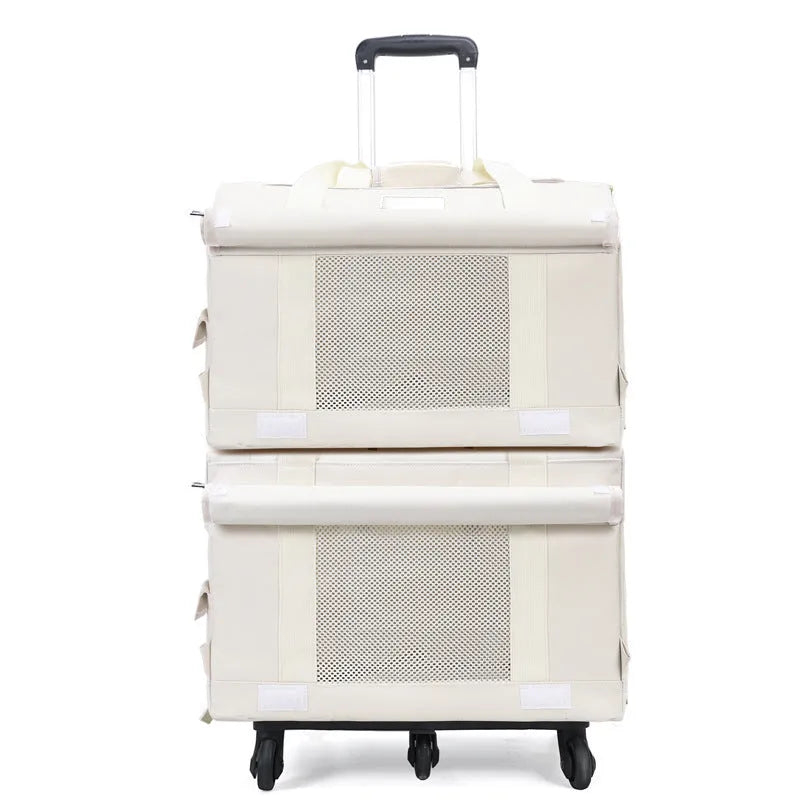 Double-deck pet trolley bag in nylon with 18L capacity for cats and small pets, shown in brown, green, white, or yellow