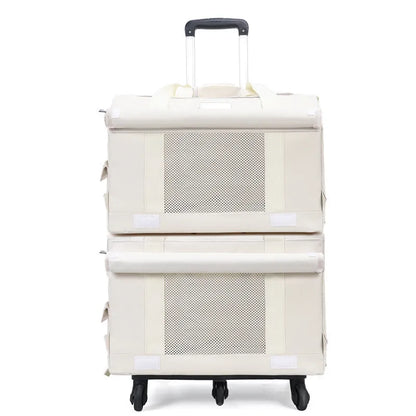 Double-deck pet trolley bag in nylon with 18L capacity for cats and small pets, shown in brown, green, white, or yellow
