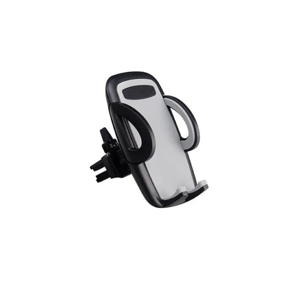 Black plastic mobile phone holder attached to a car air conditioning vent.