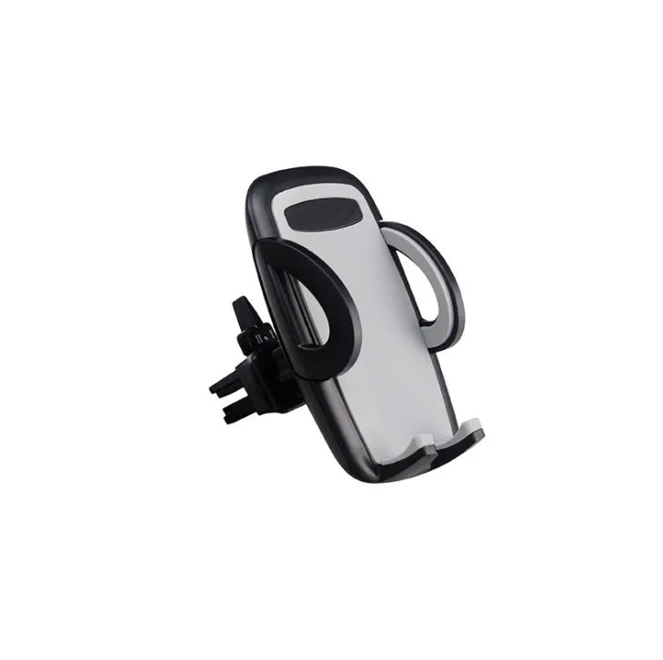 Mobile phone holder designed for car air conditioning vents made from durable plastic compatible with any mobile phone model in black or black2 colour options for practical in-car navigation and hands-free calling.