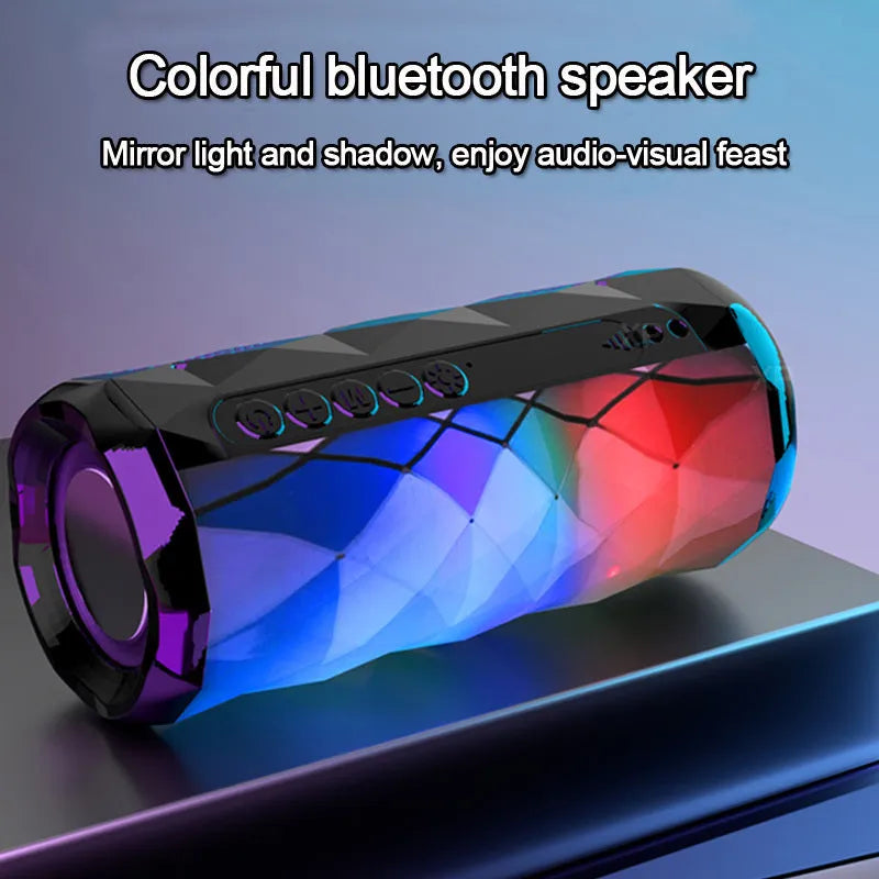Portable Bluetooth speaker with dual 5W drivers, LED light, available in blue, green, grey and red.