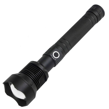 Black aluminium USB rechargeable flashlight with telescopic zoom, showing extended and retracted positions
