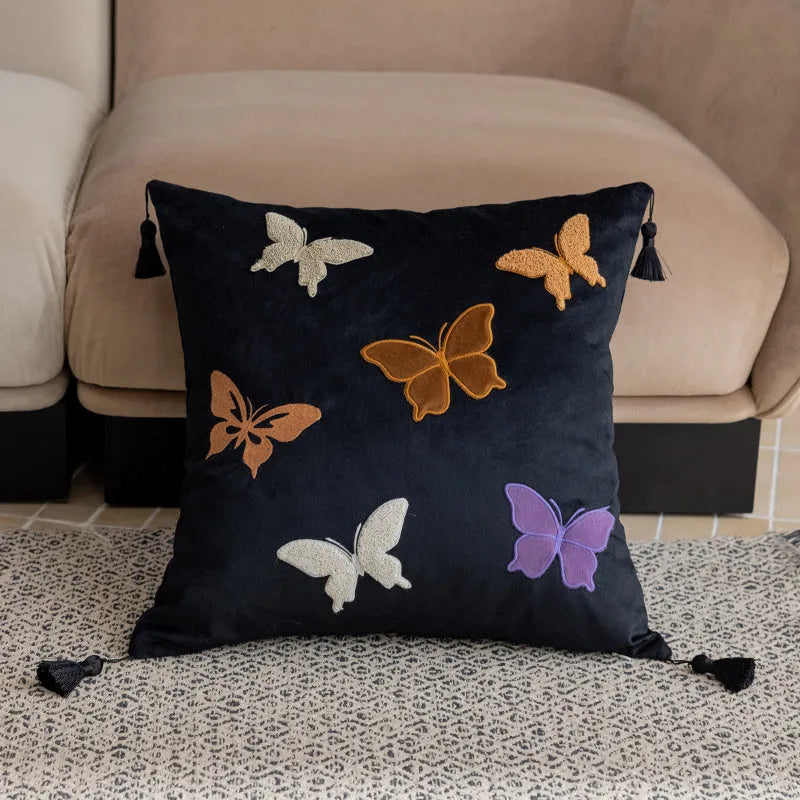 45x45cm square couch pillow with Chinese-style butterfly embroidery in beige colour