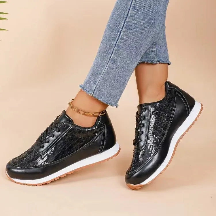 Women's black thick-soled square toe casual sneakers made from PU leather