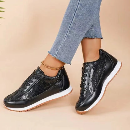 Women's black thick-soled square toe casual sneakers made from PU leather