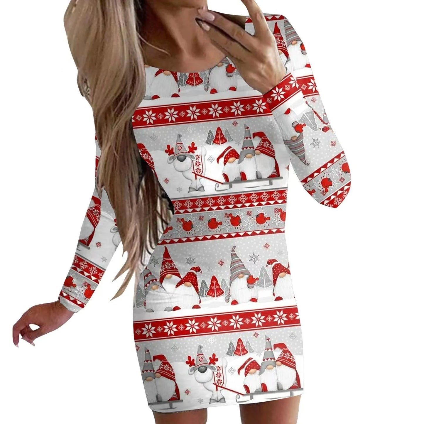 Christmas dress with animal patterns in floral colours, featuring round neck, long sleeves, and mid-waist hip skirt design