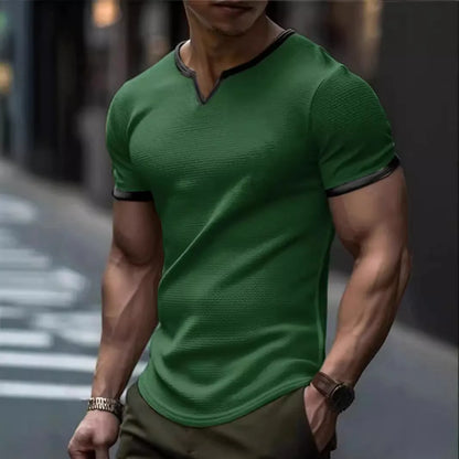 Men's colour-block V-neck waffle texture t-shirt in polyester for sports