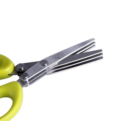 Green stainless steel multi-layer V-shaped kitchen scissors for cutting onions and herbs.