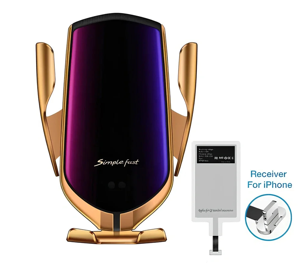 Black car wireless charger phone holder with suction cup mount and 360-degree rotation on a dashboard