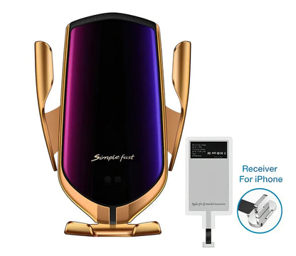 Black car wireless charger phone holder with suction cup mount and 360-degree rotation on a dashboard