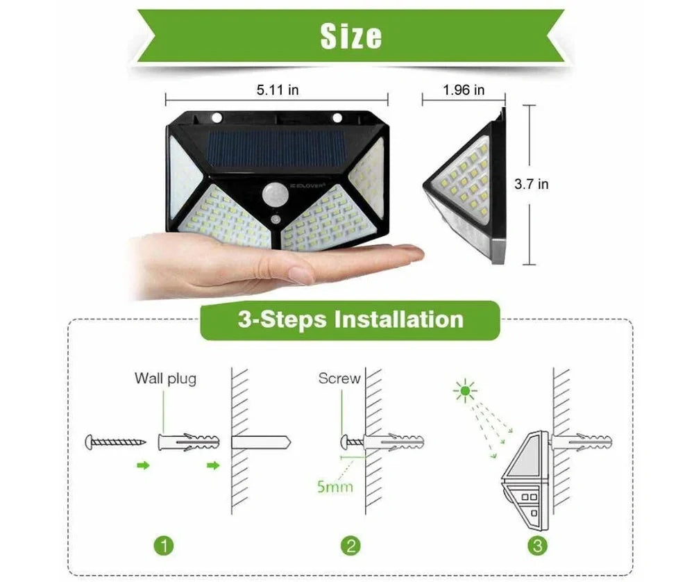 Solar-powered motion sensor wall lamp with 100 LED lights for outdoor courtyard illumination