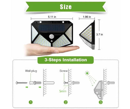 Solar-powered motion sensor wall lamp with 100 LED lights for outdoor courtyard illumination