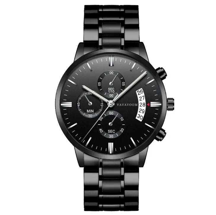 Men's stainless steel quartz watch with black dial and calendar display showing 43mm diameter case