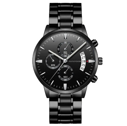 Men's stainless steel quartz watch with black dial and calendar display showing 43mm diameter case