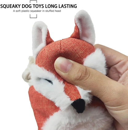 Brown stuffless fox plush dog toy with cotton rope limbs and embroidered eyes