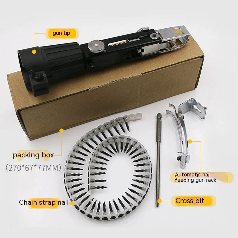 Chain screw gun head automatic nail gun attachment with stainless steel and plastic construction