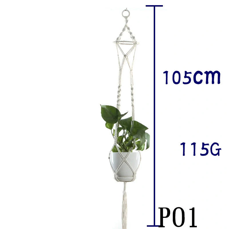 Beige cotton rope hanging basket with various styles for indoor plant display