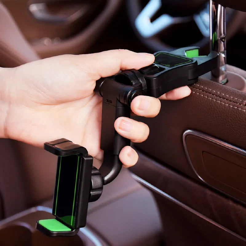 Black and green car phone holder mounted on rear view mirror bracket with AR navigation pillow design
