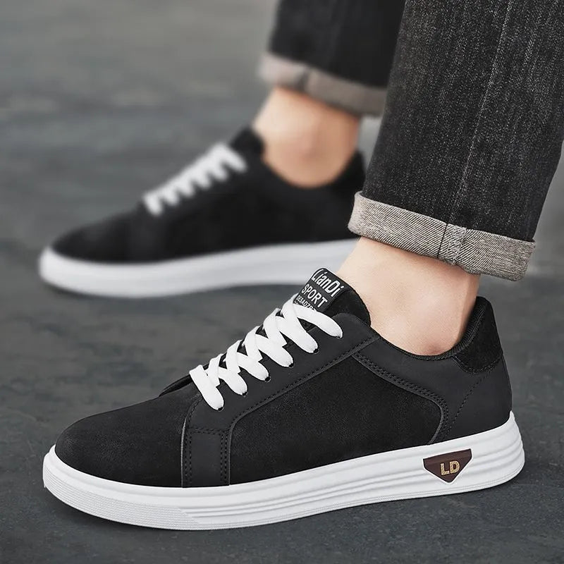 Men's black snake pattern leather high-top sneakers with round toe and rubber sole