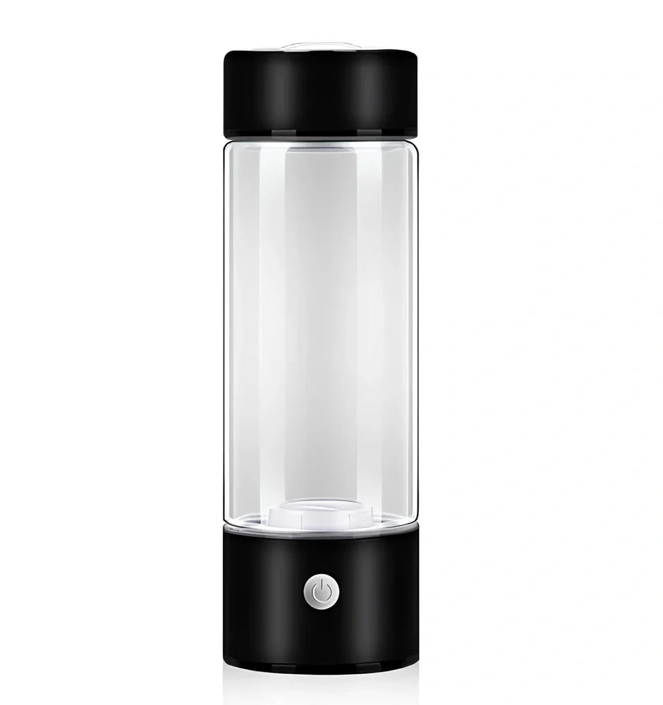 Portable hydrogen water cup in silver with borosilicate glass, showing electrolysis bubbles and romatic light, 3-minute generation