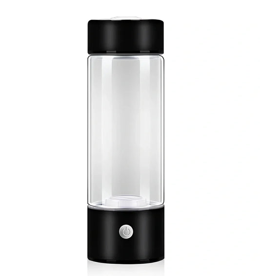 Portable hydrogen water cup in silver with borosilicate glass, showing electrolysis bubbles and romatic light, 3-minute generation