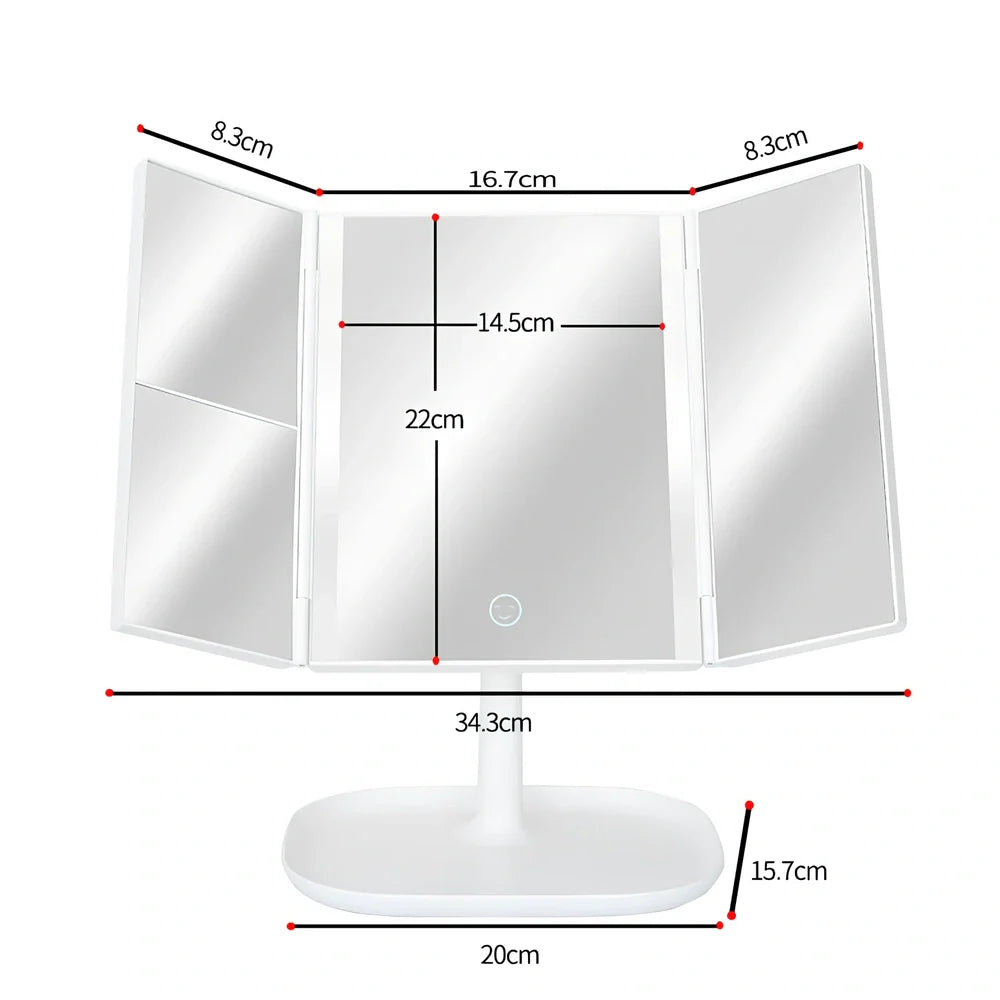 White LED makeup mirror with folded design showing rotation mechanism and magnification lenses