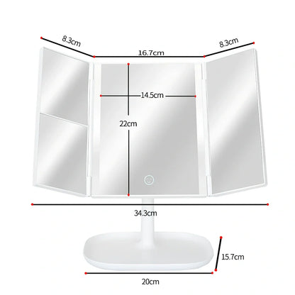 White LED makeup mirror with folded design showing rotation mechanism and magnification lenses