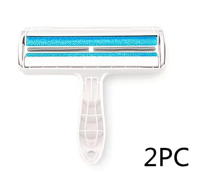 Blue pet hair removal comb with ABS plastic body and roller bristles for furniture cleaning